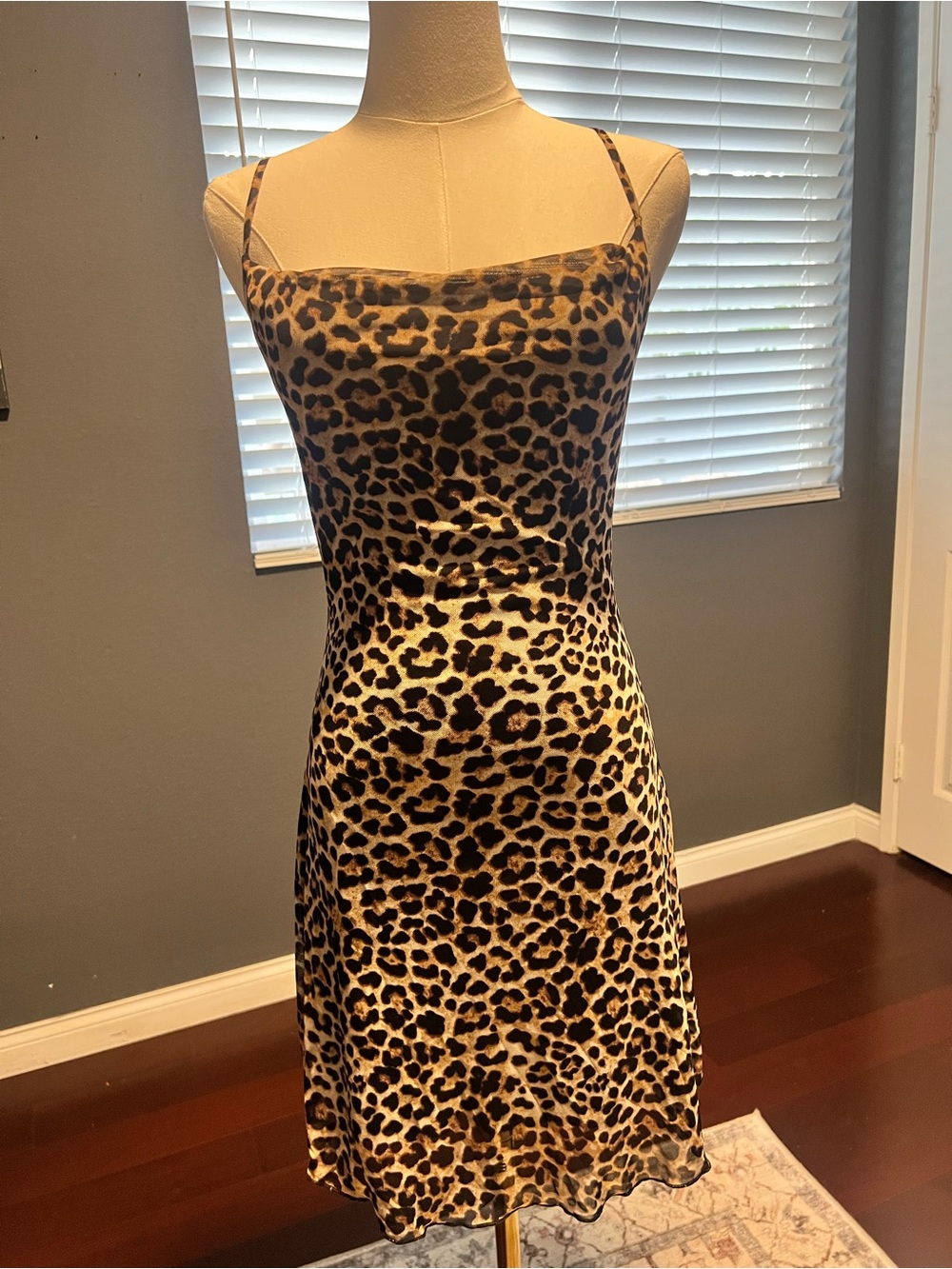 Leopard Print Slip Dress with Adjustable Straps - Brown/Black. Size M